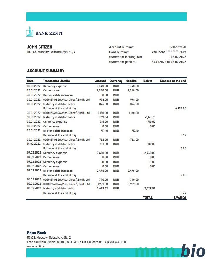 Rosja VTB wyciąg bankowy łatwy do wypełnienia szablonu .xls i .format pliku pdf